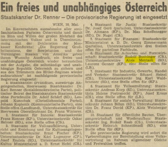 Alois Mentasti war Teil der provisorischen Regierung Renner im Jahr 1945.